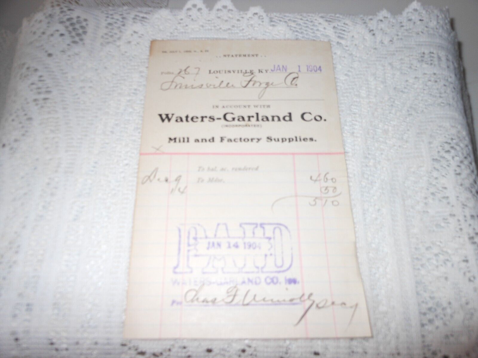 1904 Receipt:  Waters-garland Co Mill & Factory Supplies, Louisville (ky) Forge