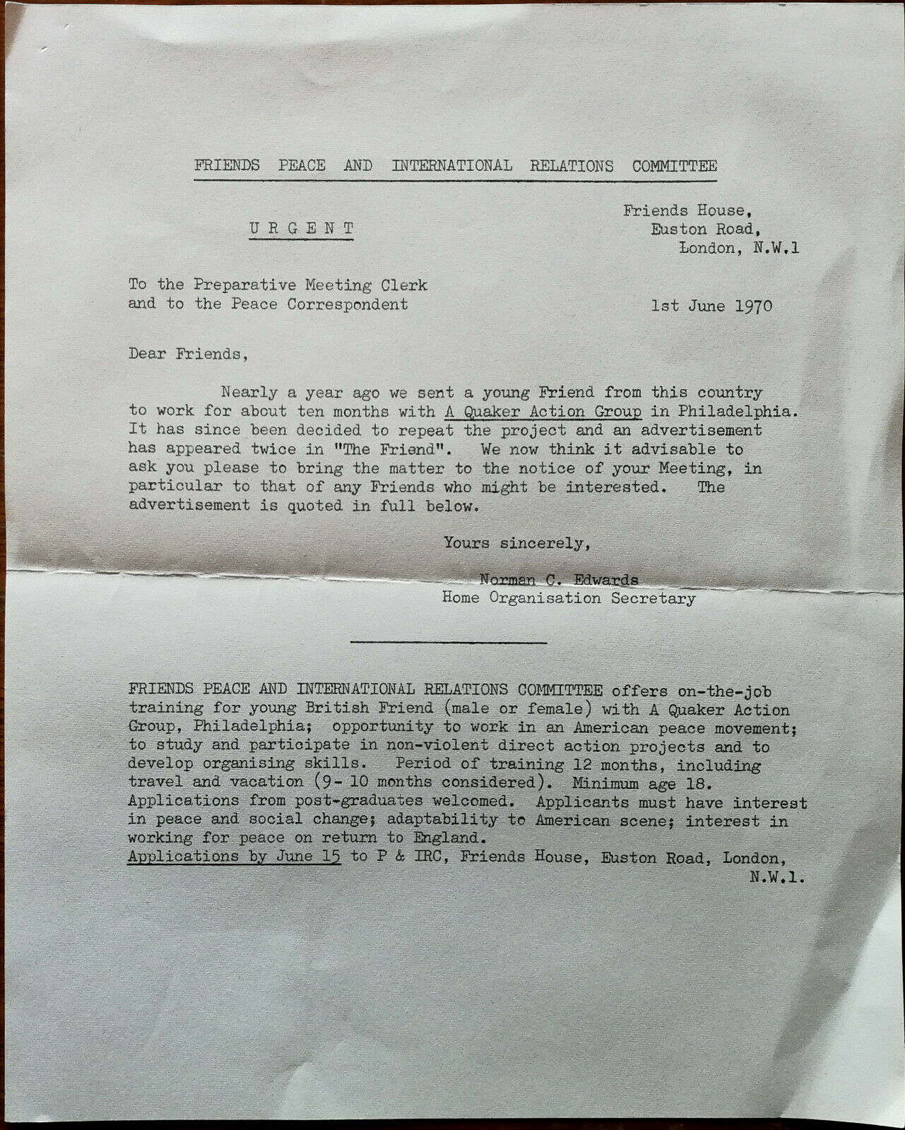 Friends Peace And International Relations Committee, London Uk Letter June 1970