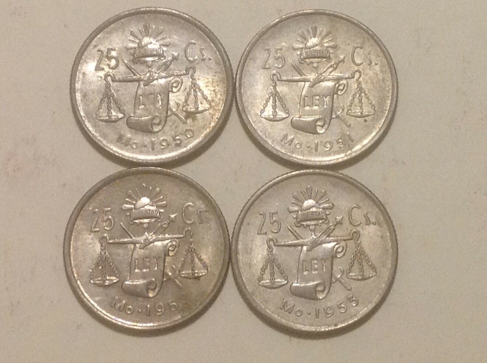 Complete Set Of 4 25 Centavos Coins 1950-1953 Mexico Silver Plata Mexican