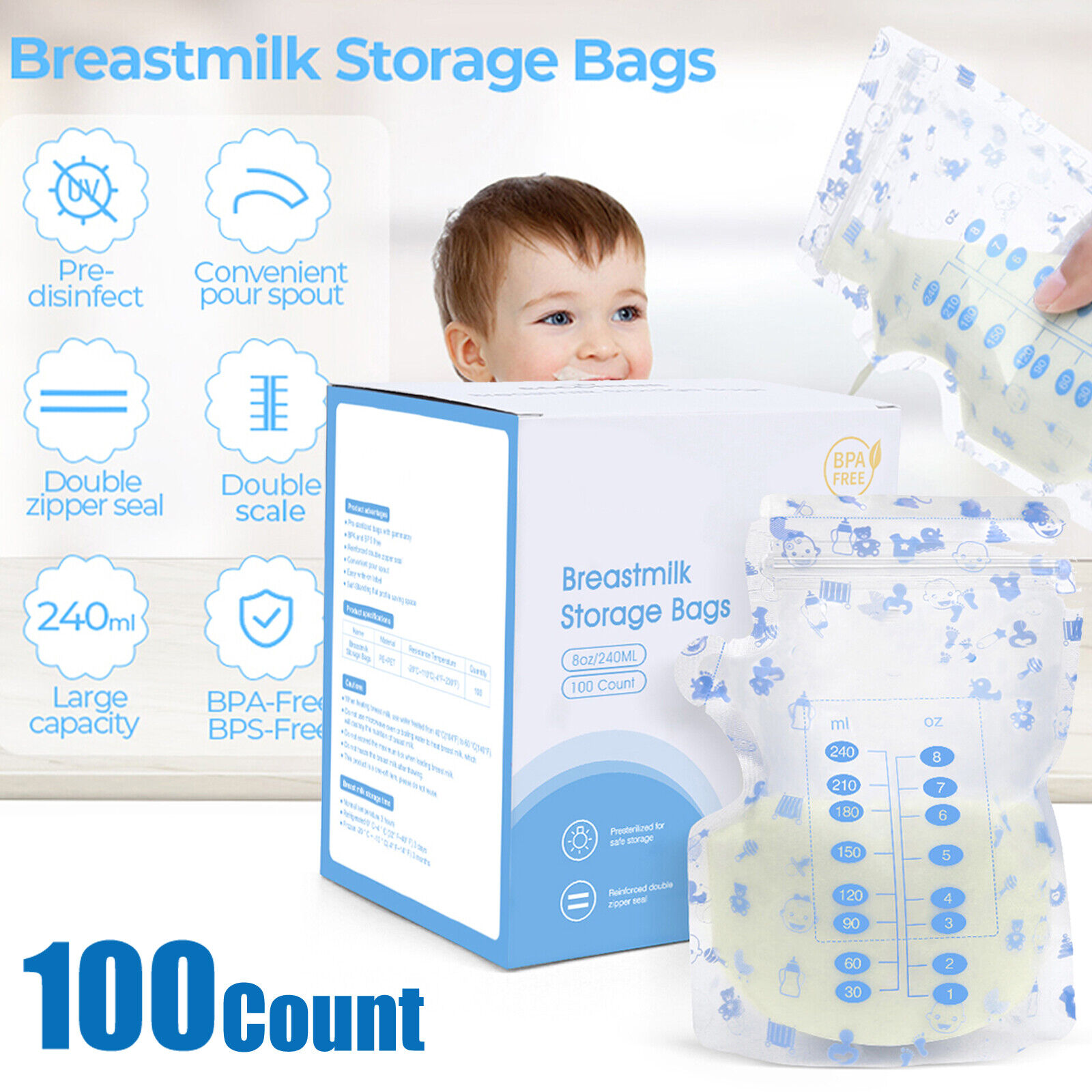 100counts Breast Milk Storage Fresh Bags 240ml Pre Sterilised Freezing Bags F8o3
