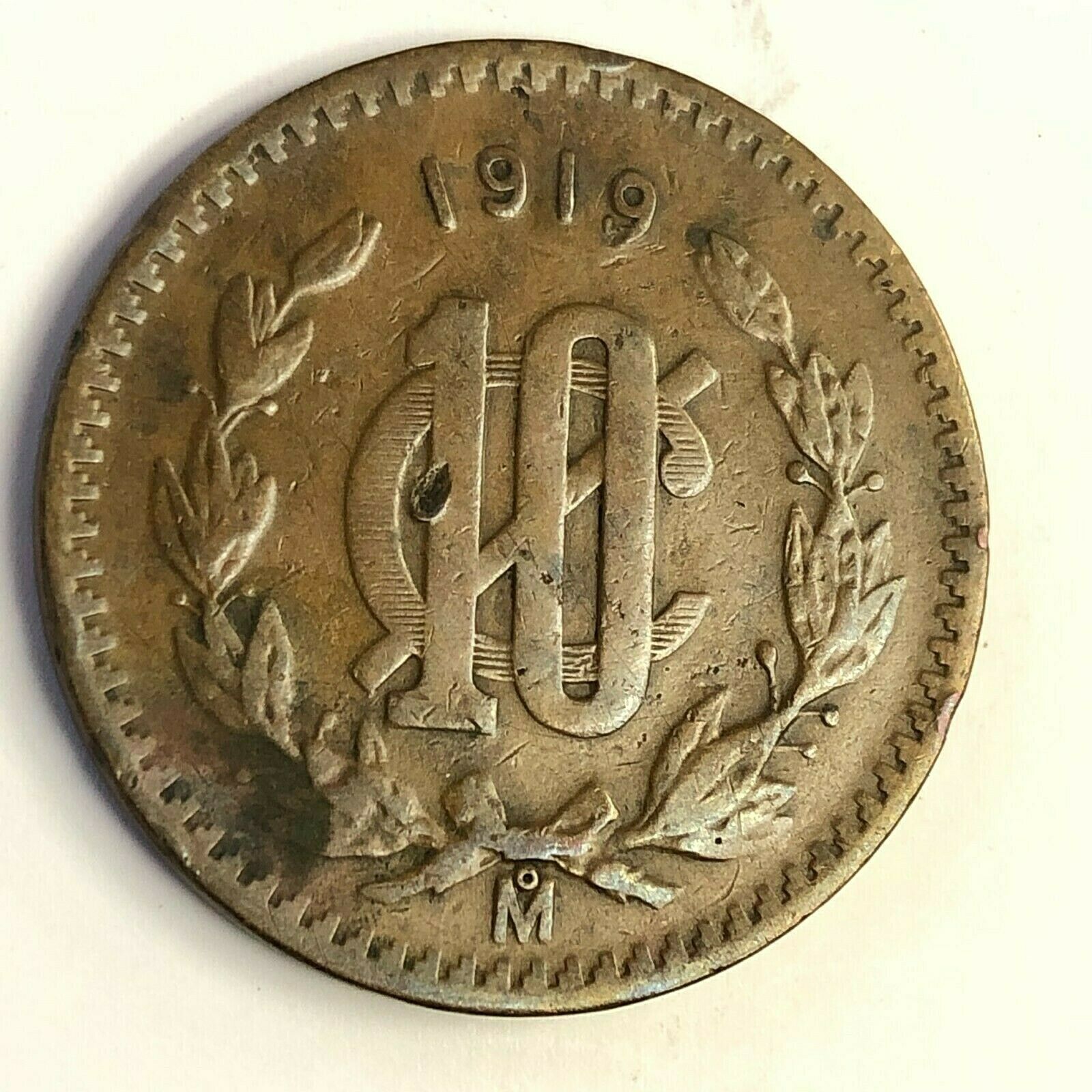 1919 Mexico 10 Centavos Bronze, Km#430, Key Scarce Date