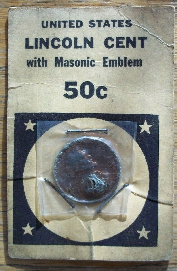 Vintage Mason Masonic Lincoln Head Penny Cent Punched Emblem On Original Card 62