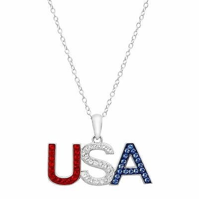 Red, White & Blue 'usa' Pendant With Crystals In Sterling Silver, 18"