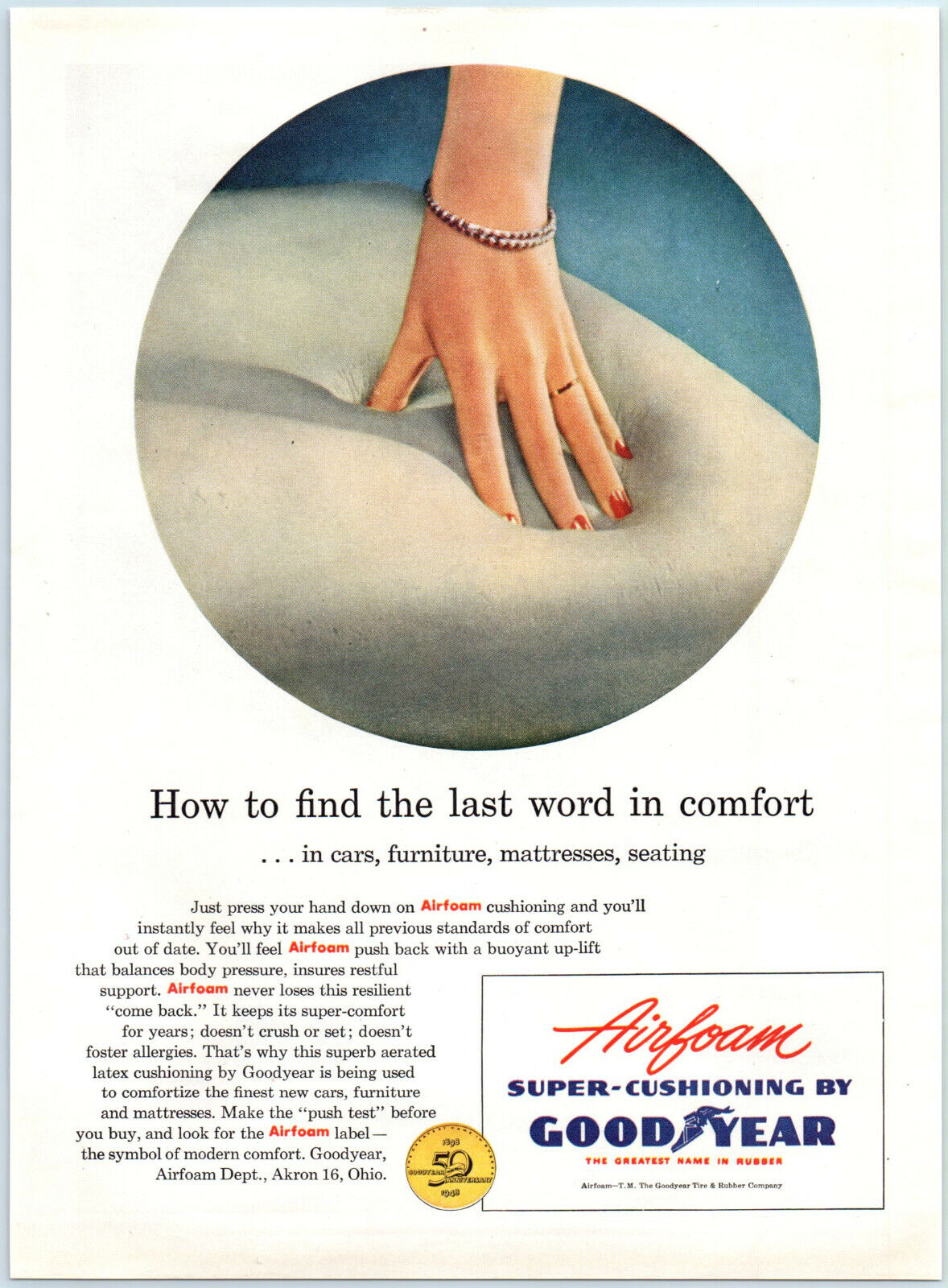 1948 Ad Goodyear Airfoam Super-cushioning Woman's Hand With Painted Nails