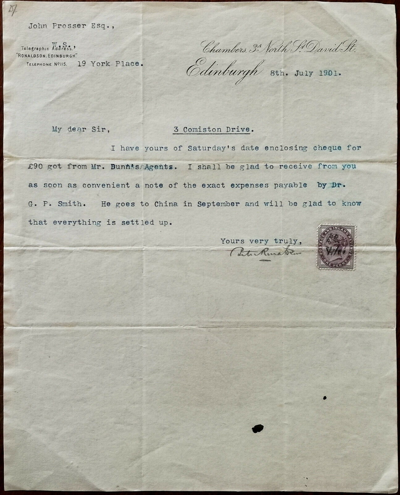 Edinburgh, Scotland Antique Letter From Peter Ronaldson 3 North St. 8 July 1901