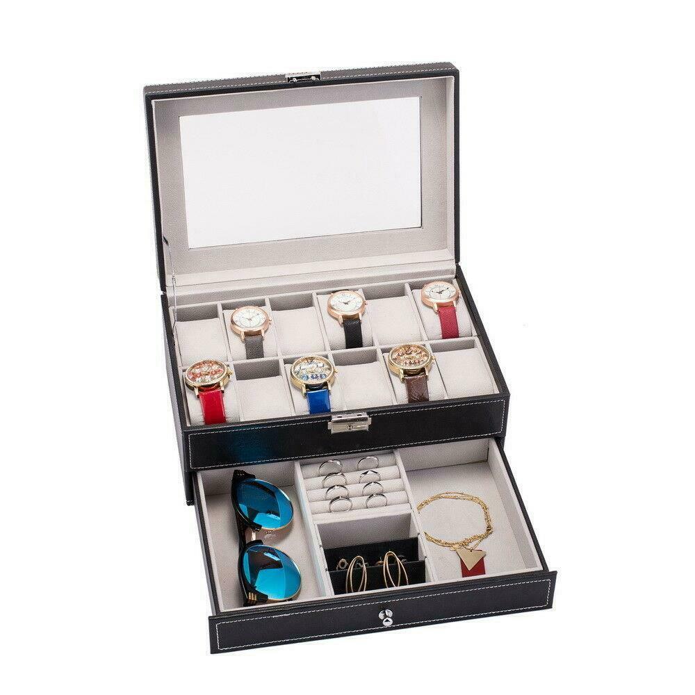 2 Tier 10/12 Slot Leather Watch Box Lockable Display Jewelry Case Holder Storage