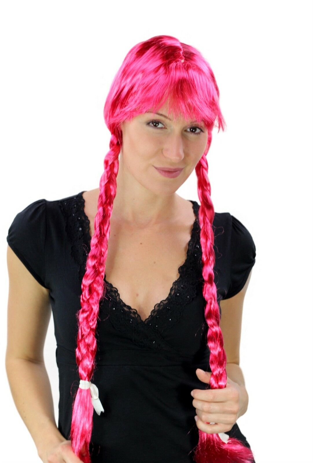 Wig Ladies Pink Rose Long Braided Pigtails Fringe Alm Heidi Uniform
