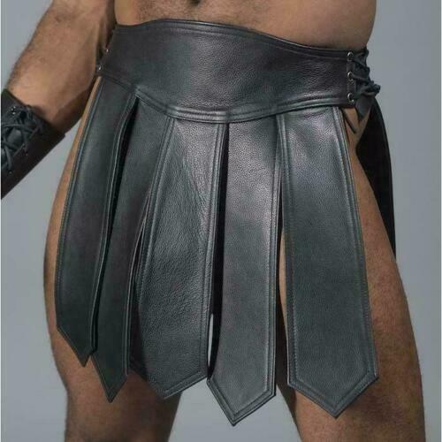 Men Genuine Black Leather Gladiator Skirt Panel Kilt Male Kink For Larp Cosplay