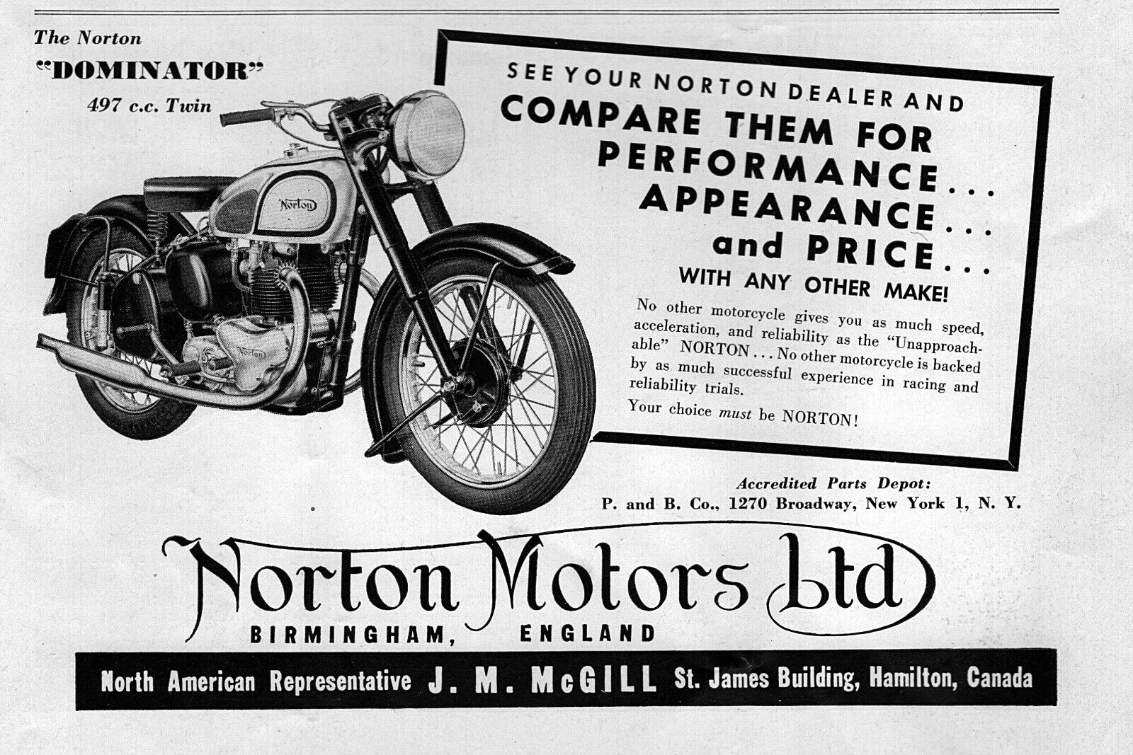 1948 Norton Dominator 500 Motorcycle "compare For Performance" Original Ad