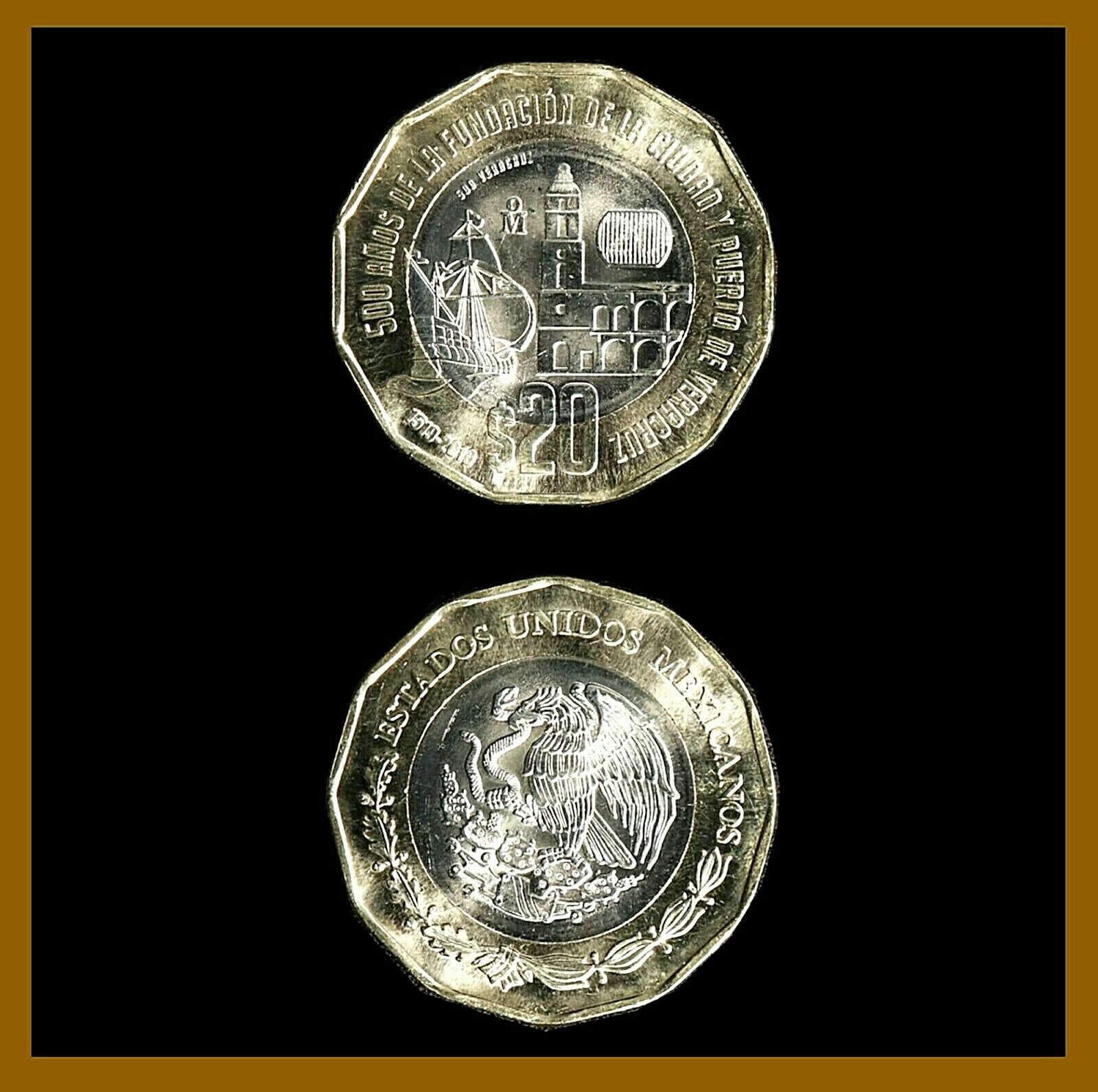 Mexico 20 Pesos Coin, 2019 Bimetallic 500th Anniversary Of Veracruz Ship Unc