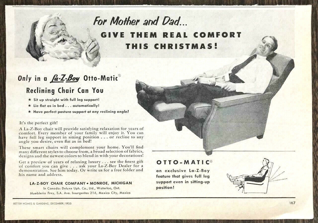 1955 La-z-boy Otto-matic Reclining Chair Christmas Print Ad Give Mom Dad Comfort