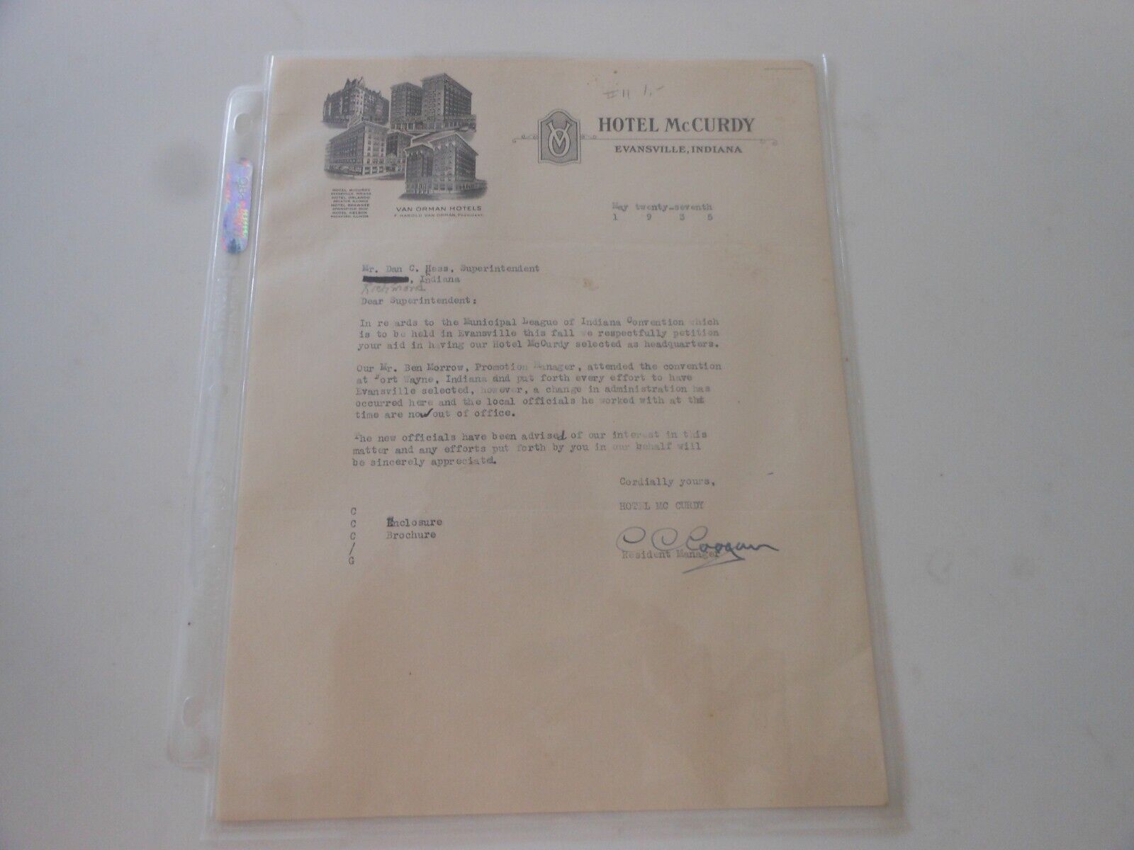 1935 Business Letter: (van Orman Hotels):  Hotel Mccurdy Evansville, Indiana