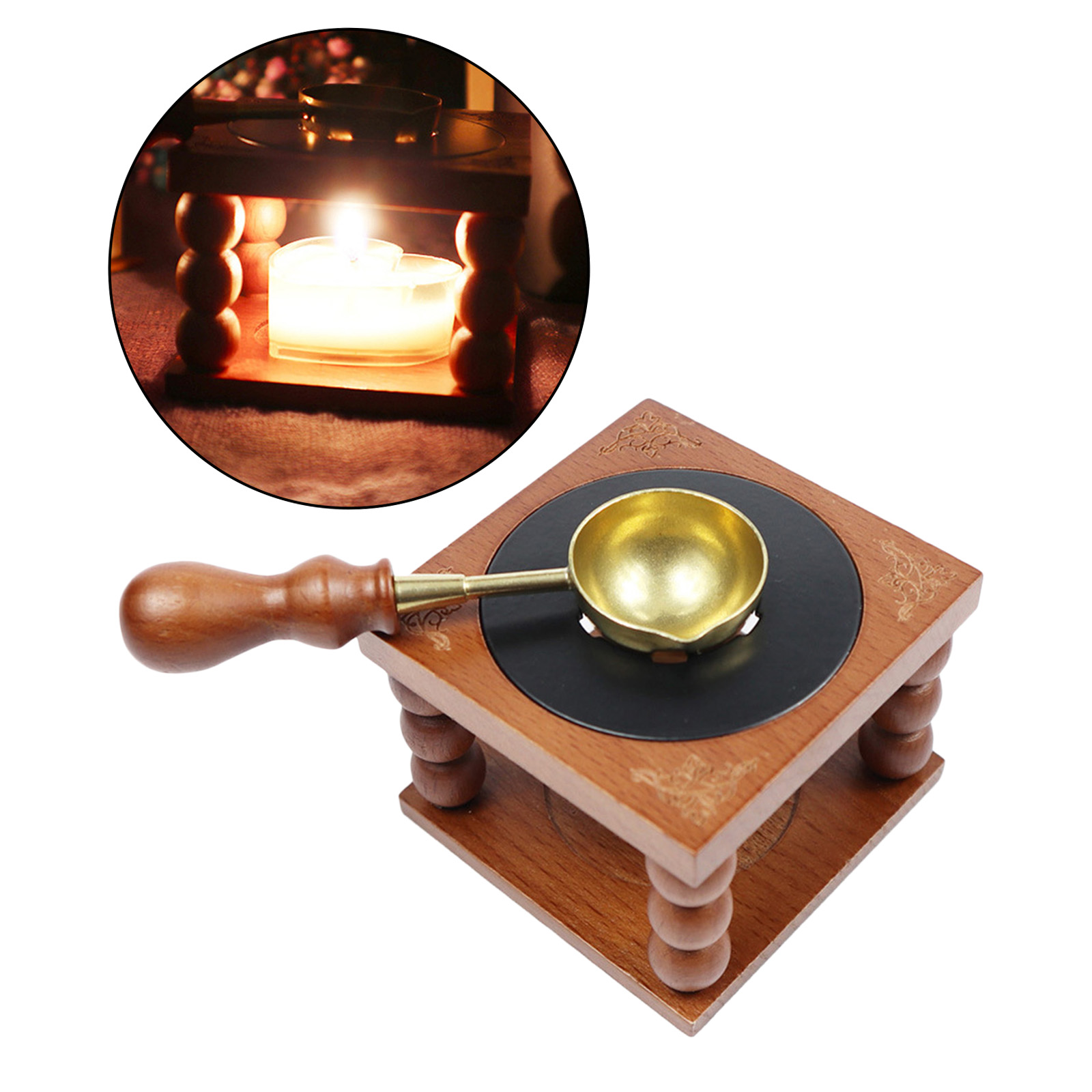 Wax Seal Furnace Set Wooden Wax Seal Warmer With Brass Spoon Melting Wax