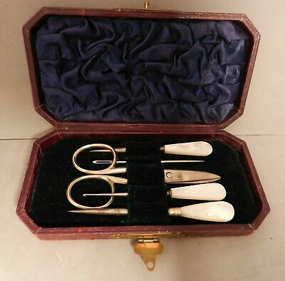 5pc 19th C Sewing Crochet Kit Tools, Mother Of Pearl, Hook, Scissors, & More