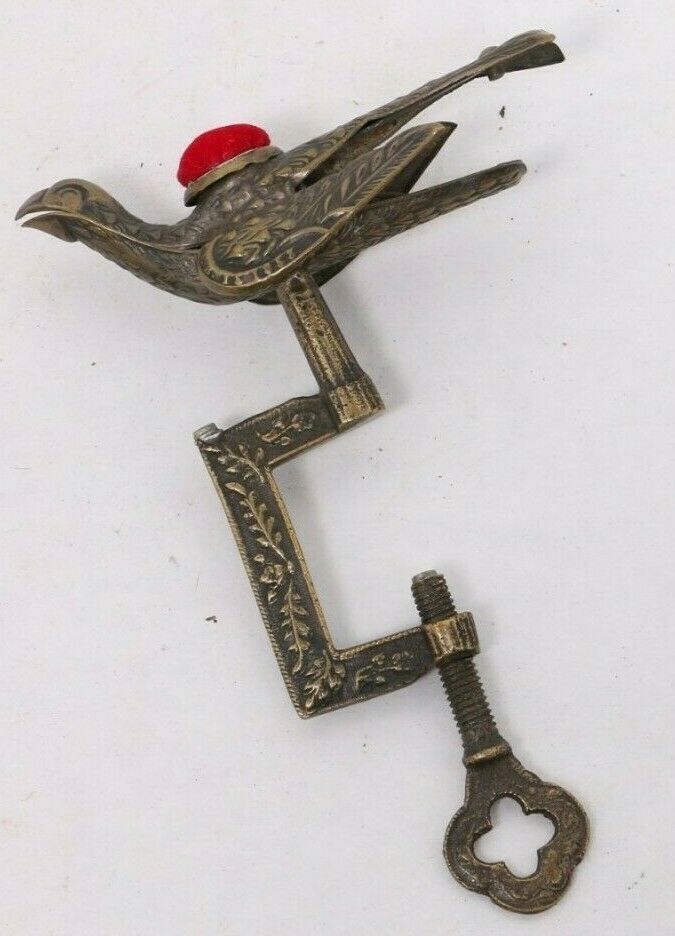 Antique Victorian Sewing Song Bird Clamp Holder Brass - Gorgeous !