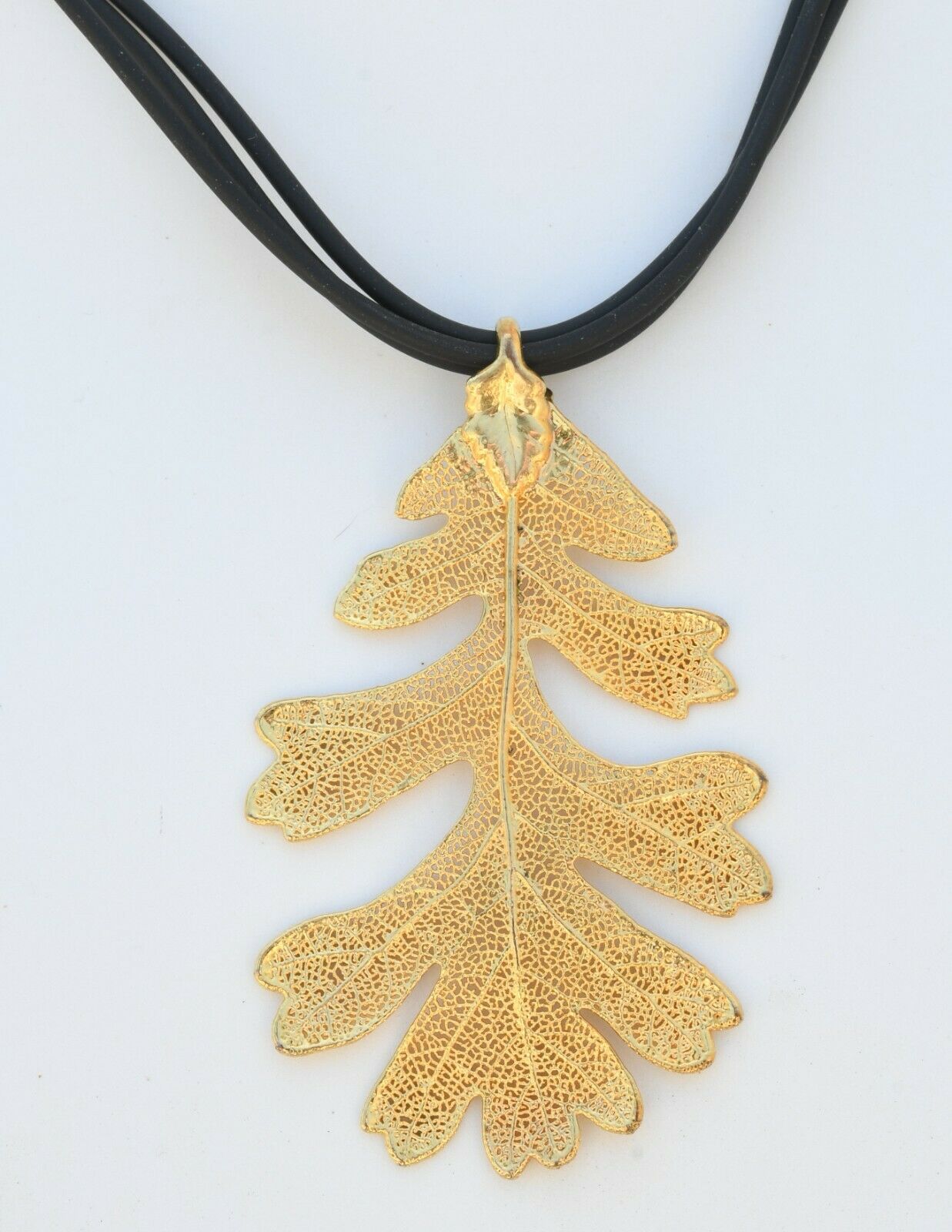 Collar Gold Plated Leaf With Leather Stripes 40 Cm Long Handmade